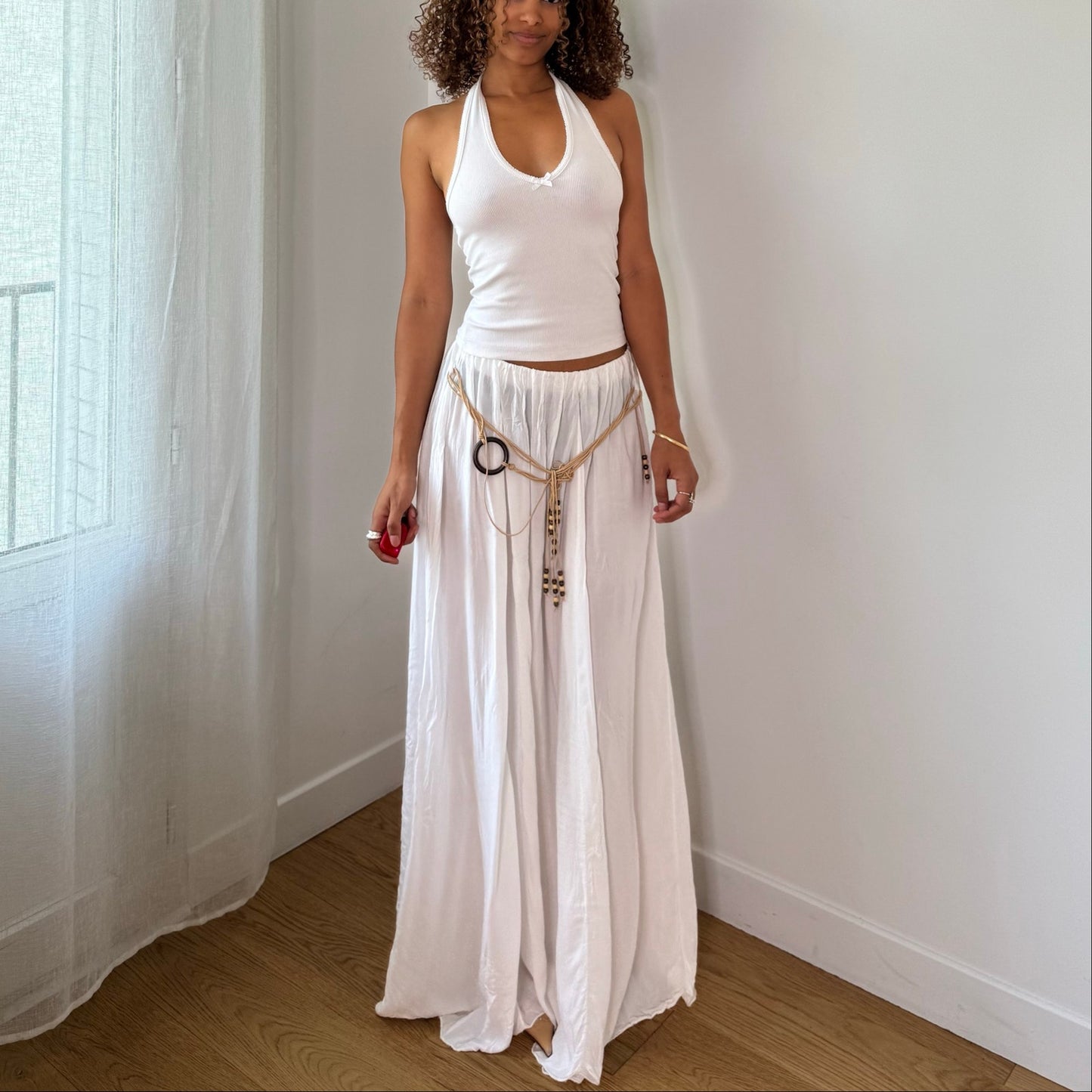 Vintage White Flowy Maxi Skirt Beaded Belt Italian Y2K (S)