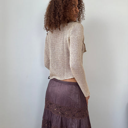 Vintage French knit cropped cardigan with sculpted waist & beaded applique Small