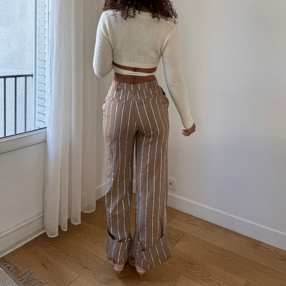 Vintage Italian tan striped high-waisted trousers with shimmer detail (XS)