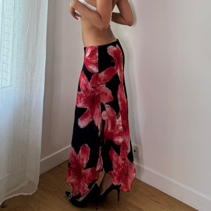 Vintage Black Pink Floral Mesh Maxi Skirt Italian Y2K (S)