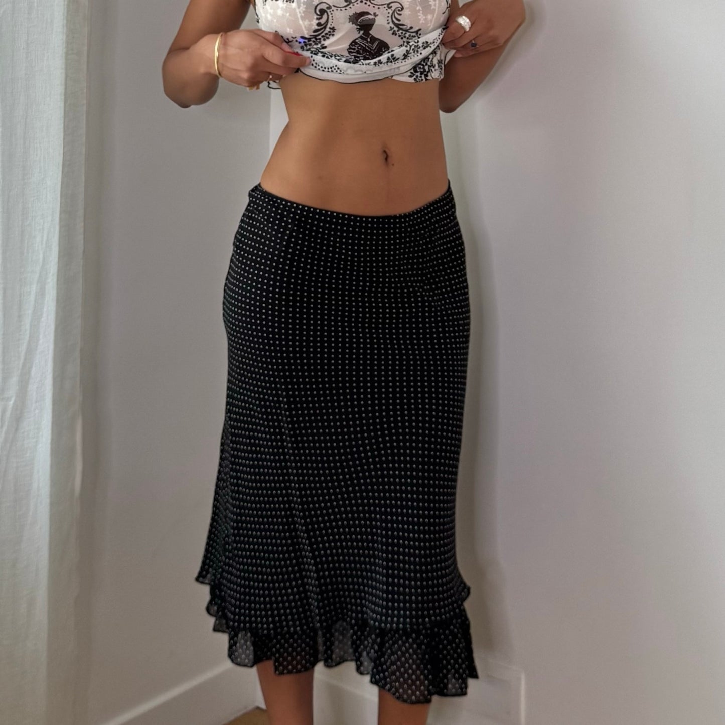 Vintage Black Polka Dot Mesh Midi Skirt Ruffle Hem Italian Y2K (M)