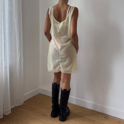 Vintage 80s Sheer Ivory Slip Dress Lace Trim Nightgown Mini (S/M)