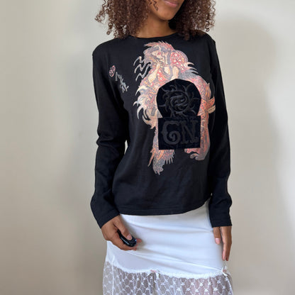 Vintage Knit Long Sleeve Top with Women Dragon Graphic (One Size)
