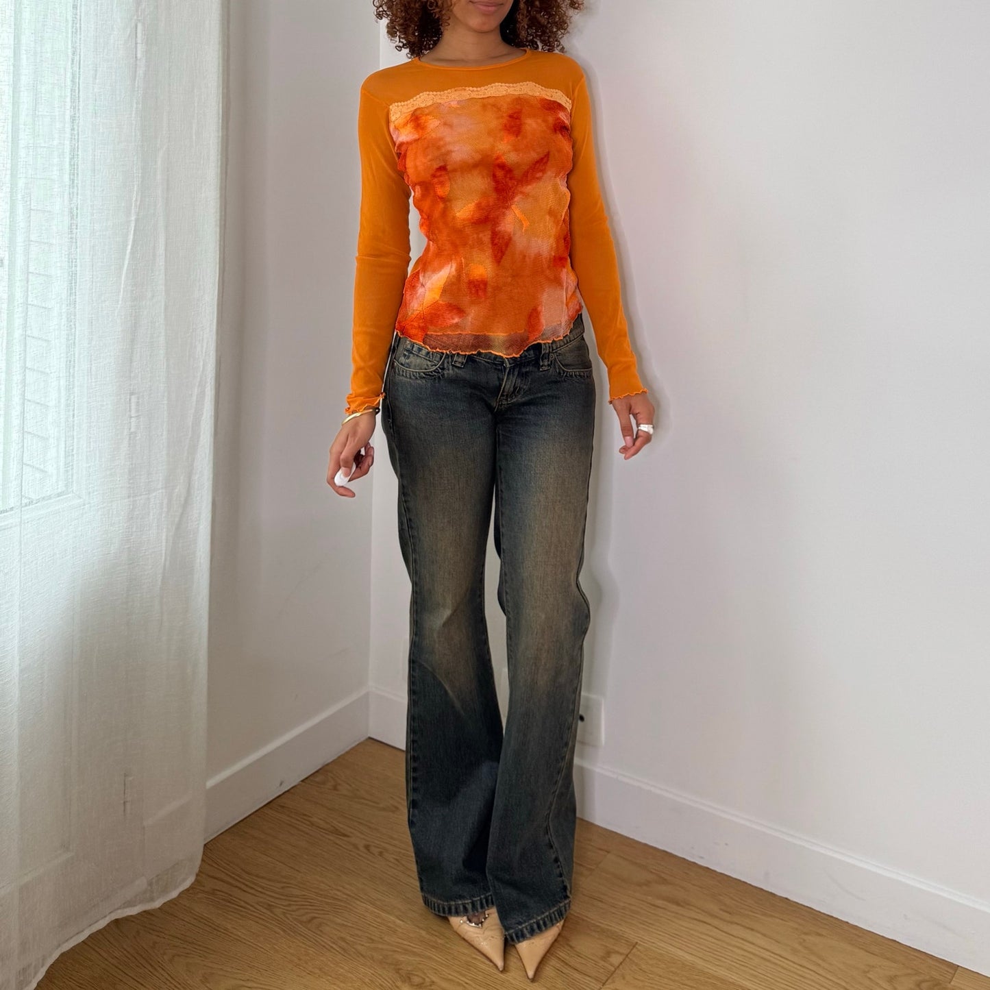 Vintage Orange Floral Layered Mesh Lace Long Sleeve Top Made in France Y2K (S)