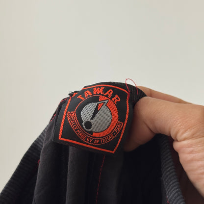 Vintage French black asymmetric wrap-style midi skirt with contrast stitching (XS/S)