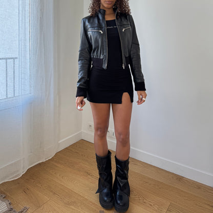 Vintage Italian black real leather zip front jacket with ribbed cuffs and waist (S)