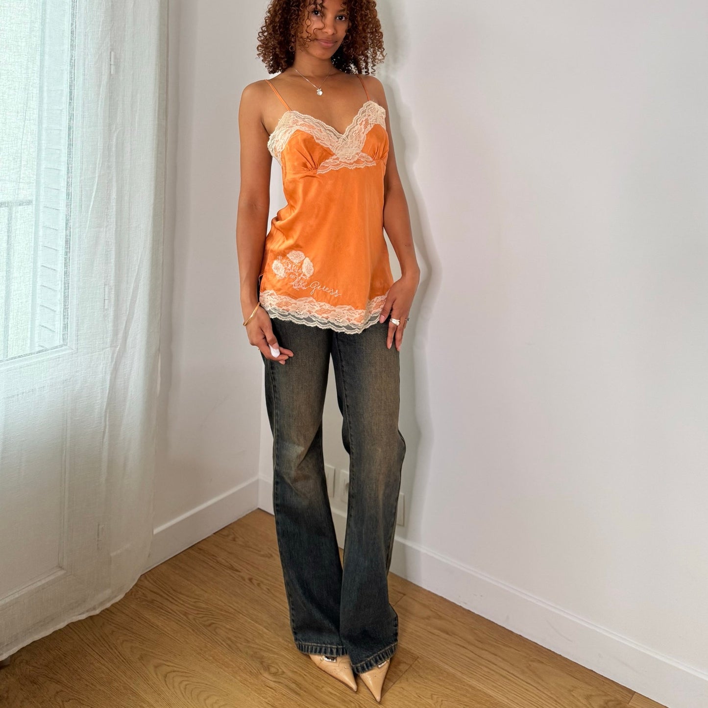 Vintage Peach Cream Silk Lace Cami Top Guess Y2K Lingerie (M)