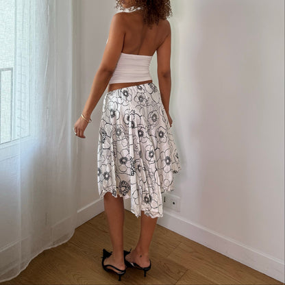 Vintage White Black Floral Asymmetrical Midi Skirt Italian Y2K (XS/S)