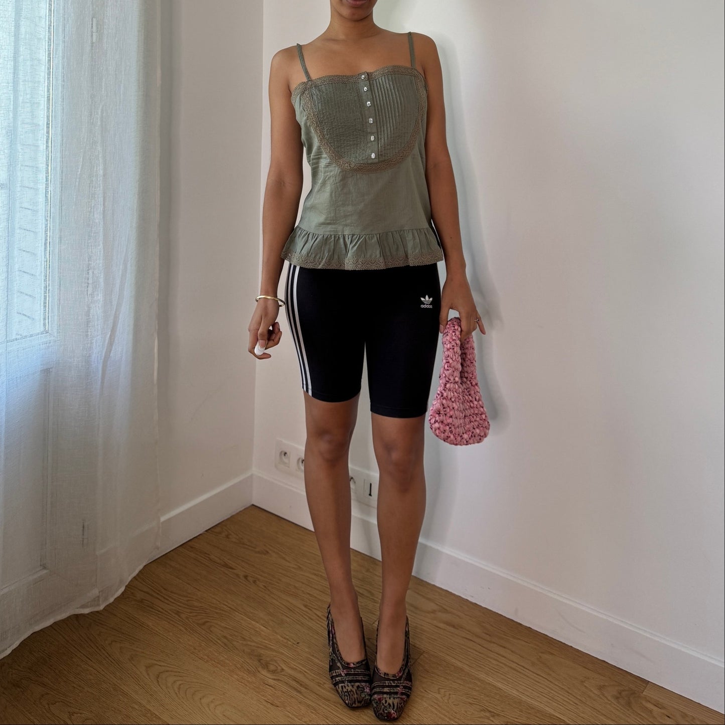 Vintage Sage Green Cotton Cami Top Lace Trim Ruffle Hem Italian Y2K (S/M)