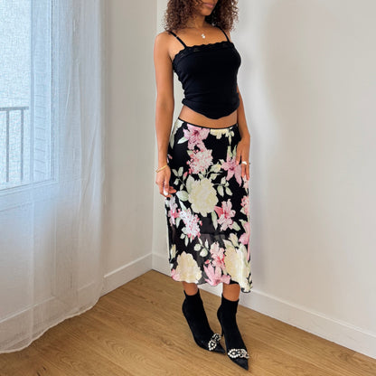 Euro Vintage black floral mesh midi skirt (Small)