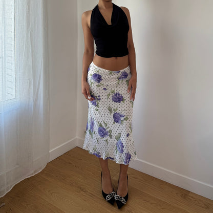 Vintage White Floral Polka Dot Mesh Midi Skirt Purple Rose Y2K French 100% Viscose (S)