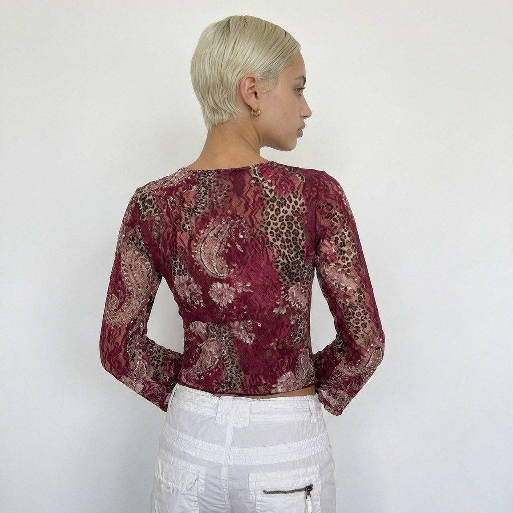 Vintage French Burgundy Cheetah Floral Lace Mesh Top Y2K (S)