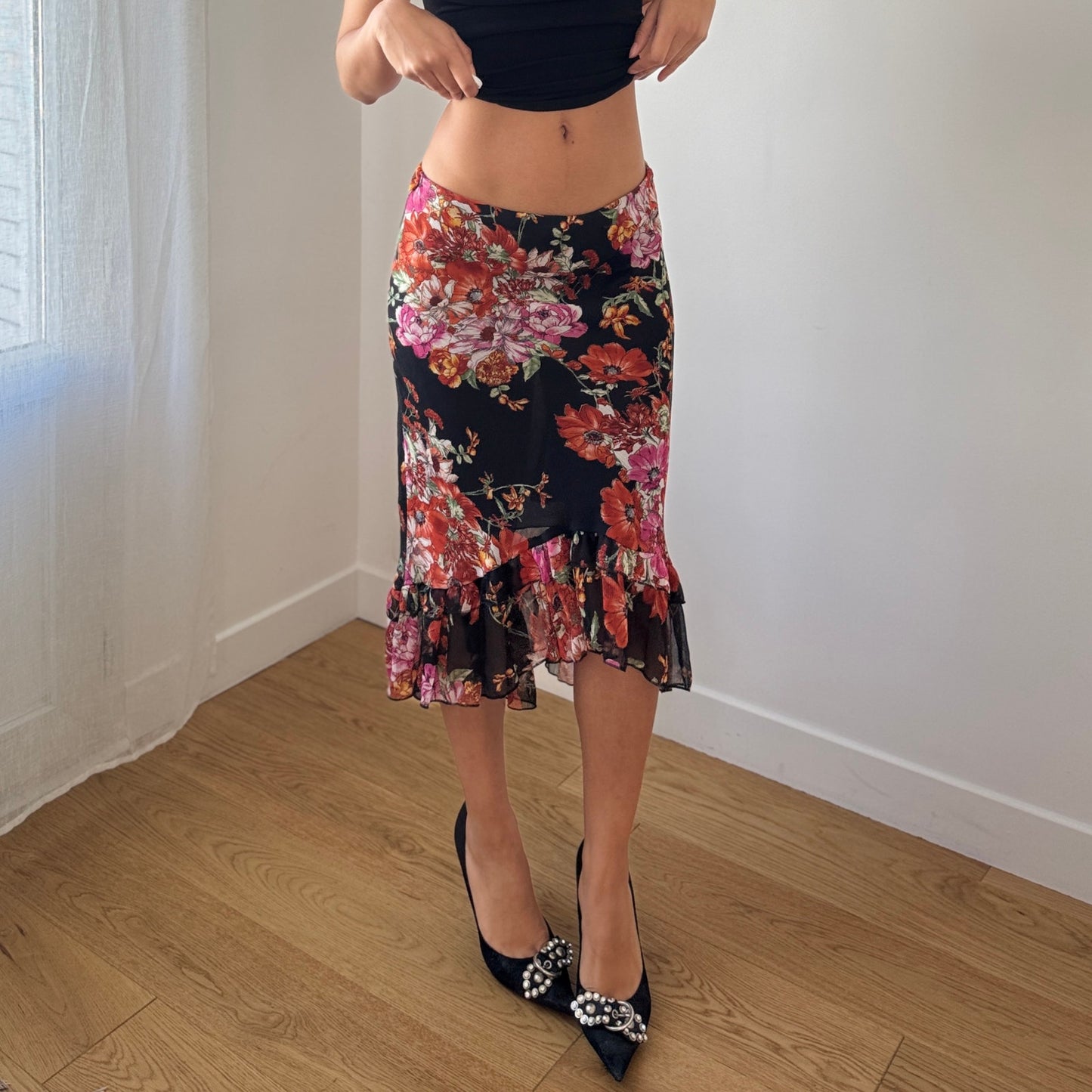 Vintage Italian Black Floral Mesh Midi Skirt Ruffle Hem Sheer (S)