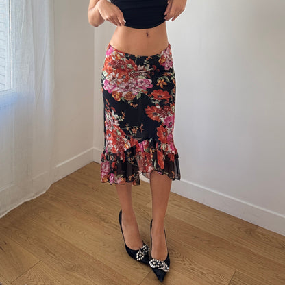 Vintage Italian Black Floral Mesh Midi Skirt Ruffle Hem Sheer (S)