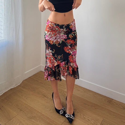 Vintage Italian Black Floral Mesh Midi Skirt Ruffle Hem Sheer (S)