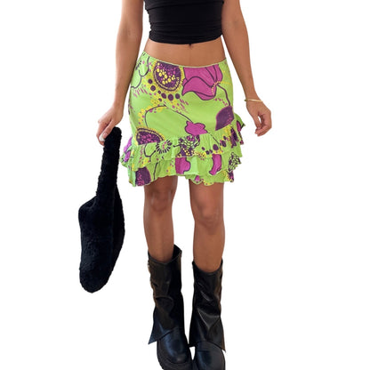 Vintage Italian Green Floral Mesh Mini Skirt Ruffle Hem Y2K (S)