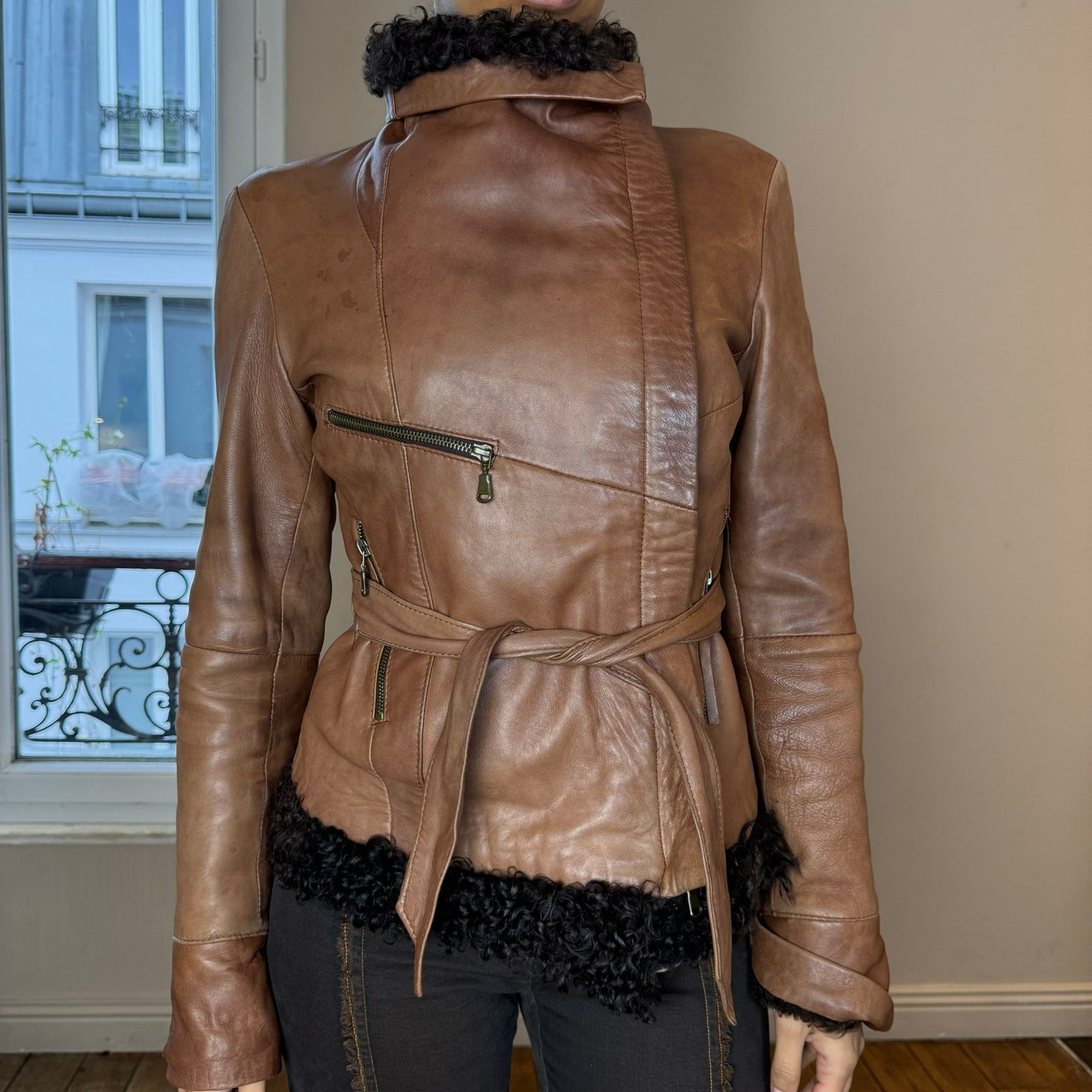 Vintage 90s Italian leather with Mongolian fur trimmed jacket (S)