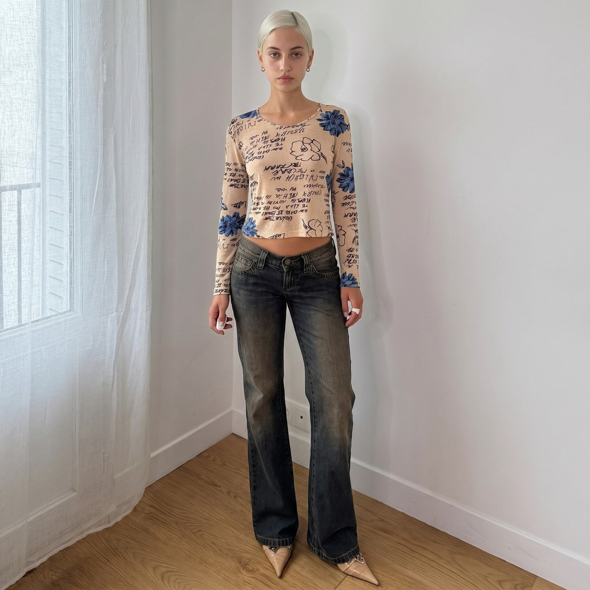 Vintage Italian Beige Blue Floral Script Mesh Top Y2K (S)