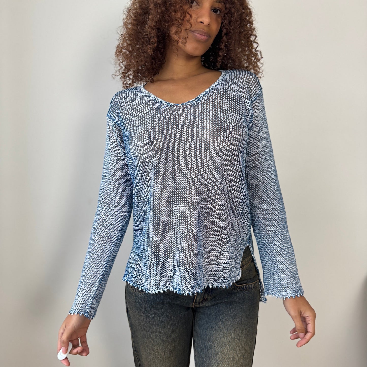 Vintage Italian 00s Blue Linen Knit Long Sleeve Top (Medium)