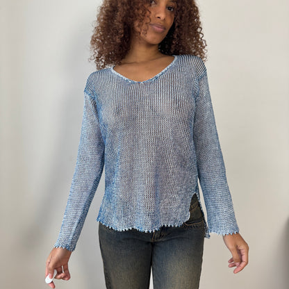 Vintage Italian 00s Blue Linen Knit Long Sleeve Top (Medium)