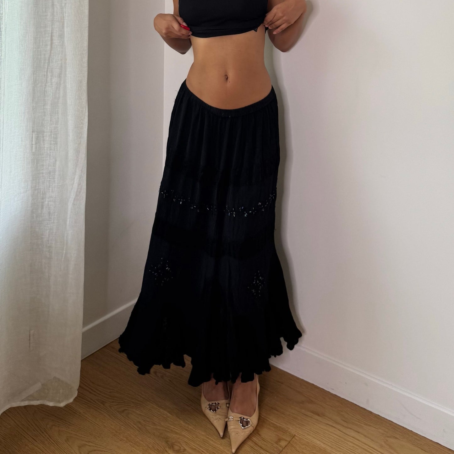 Vintage Black Embellished Flowy Maxi Skirt Euro Y2K (S/M)