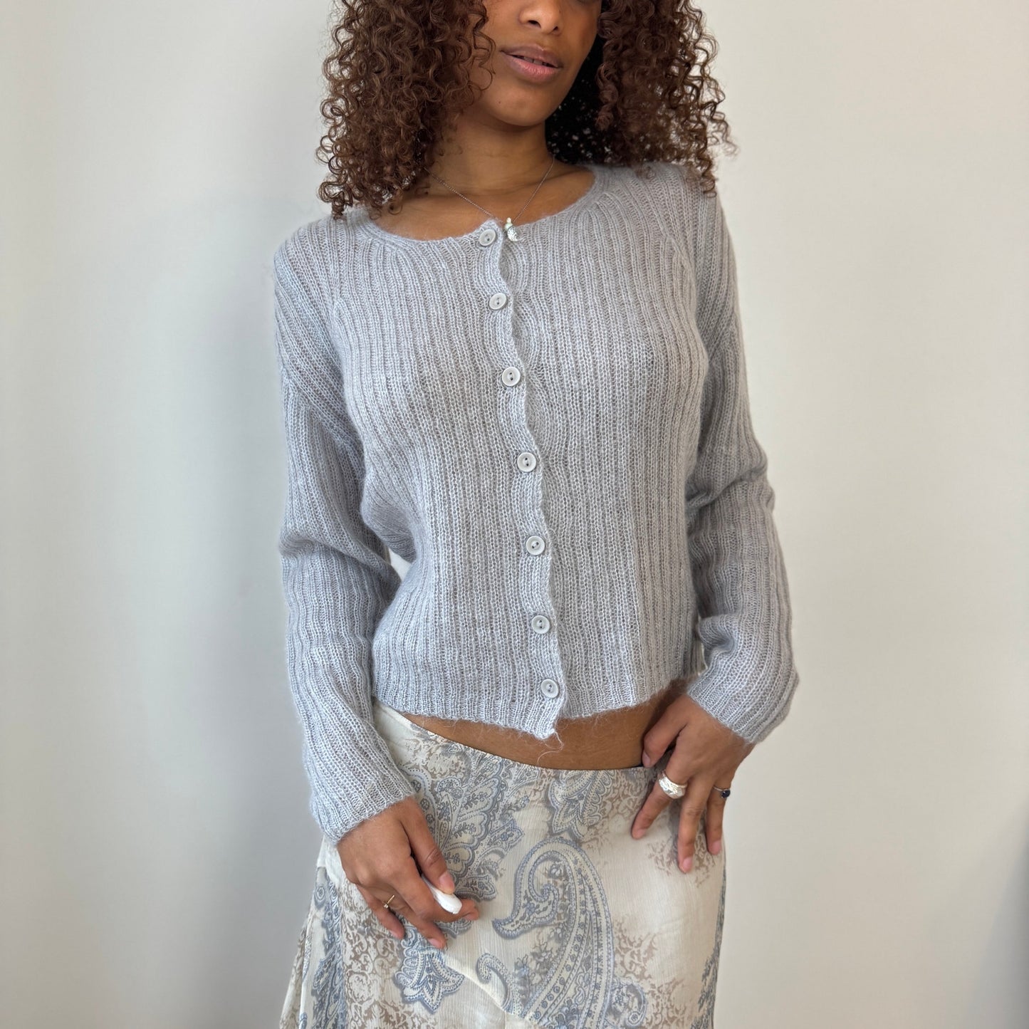 Italian Vintage light grey ribbed mohair-blend knit button-front cardigan (Medium)