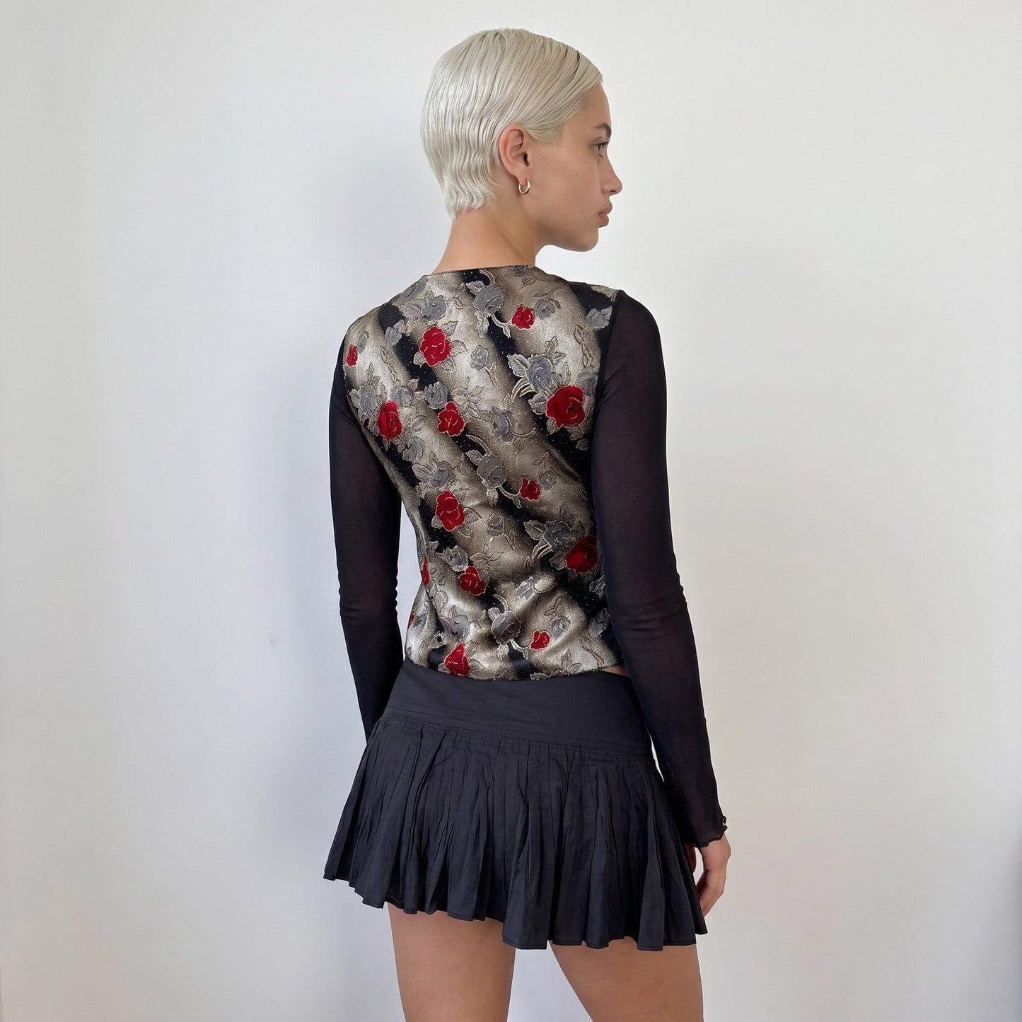 Vintage Italian Gold Red Brocade Mesh Top Floral Y2K (S)