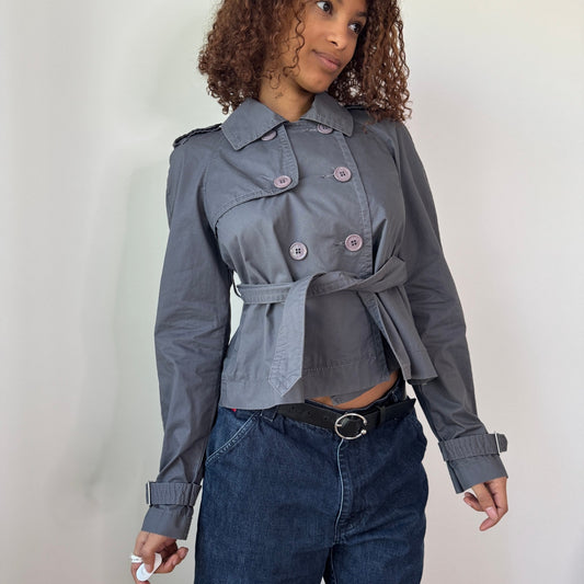 Vintage Grey Cotton Cropped Trench Jacket Belted Miss Sixty Moto Fit (S) ⠀