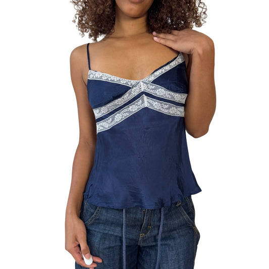Vintage Benetton navy satin lace trim cami top (Small)
