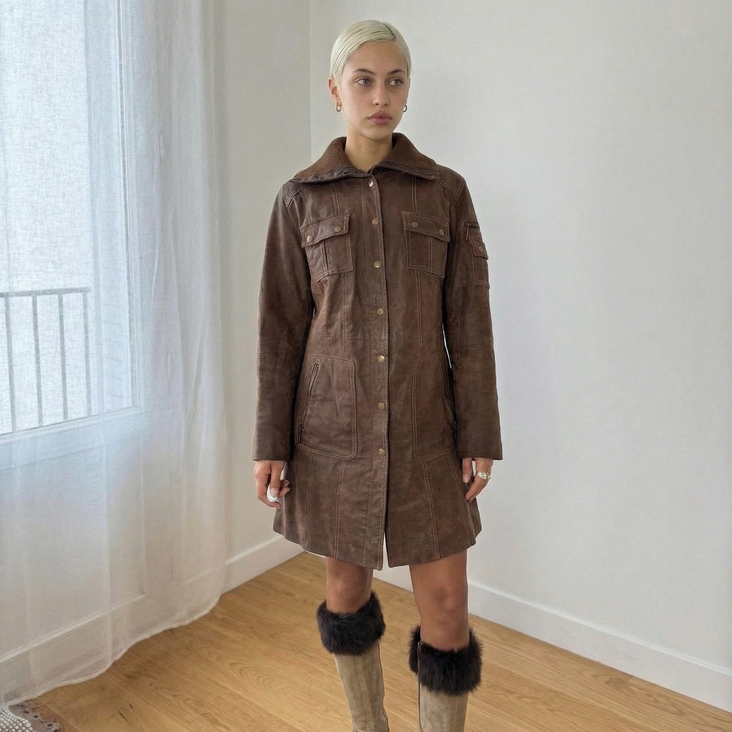 Vintage Brown Genuine Leather Coat Button Front Tailored 90s (S)