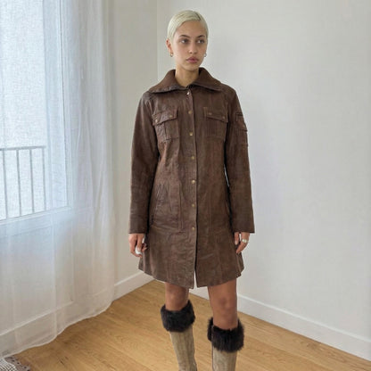 Vintage Brown Genuine Leather Coat Button Front Tailored 90s (S)