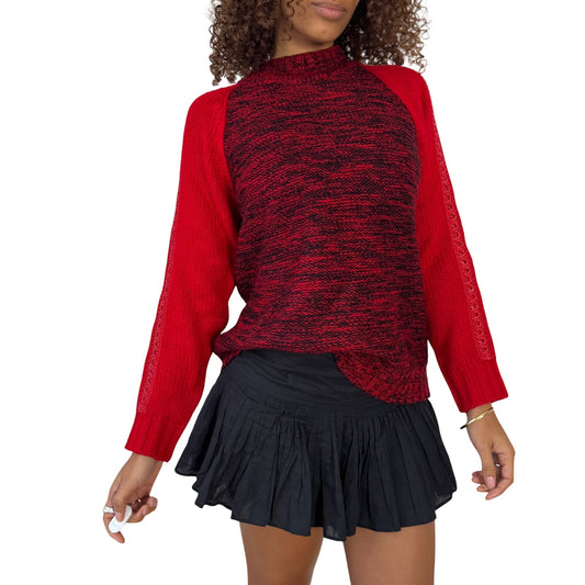 Vintage Euro Red Black Marled Mock Neck Knit Sweater with Lace Sleeve Detail S/M