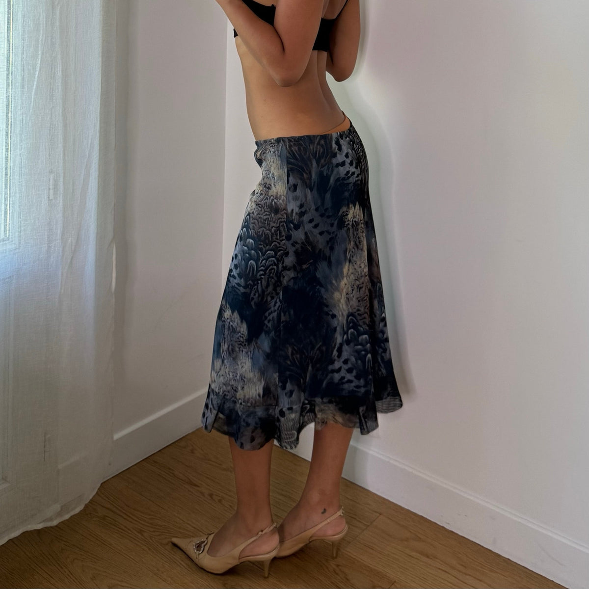 Vintage Blue Grey Abstract Mesh Midi Skirt (S)