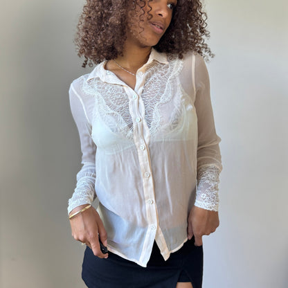 Vintage euro Ivory Sheer Lace-Panel Button Blouse with Lace Cuffs (S)