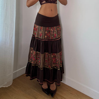 Vintage Brown Floral Tiered Maxi Skirt Italian Boho Y2K (S/M)