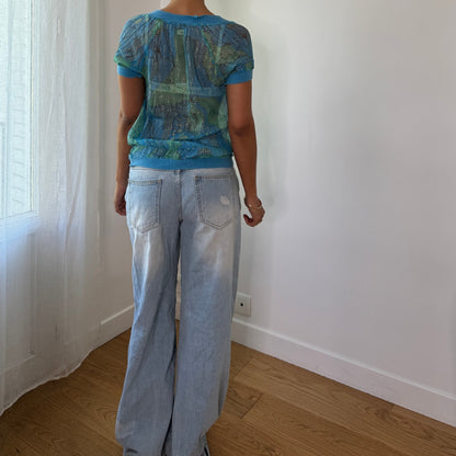 Vintage Nolita NYC Black Silk Sequin Mesh & Knit Top Fairy Grunge Y2K (S)