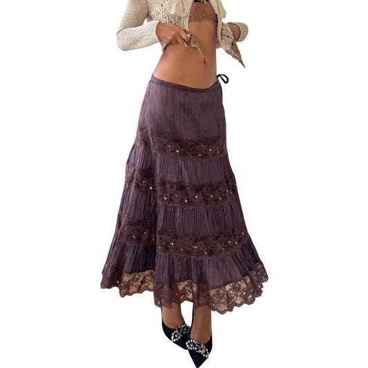 Vintage French brown lace tiered midi skirt with gold sequin detailing (S/M)