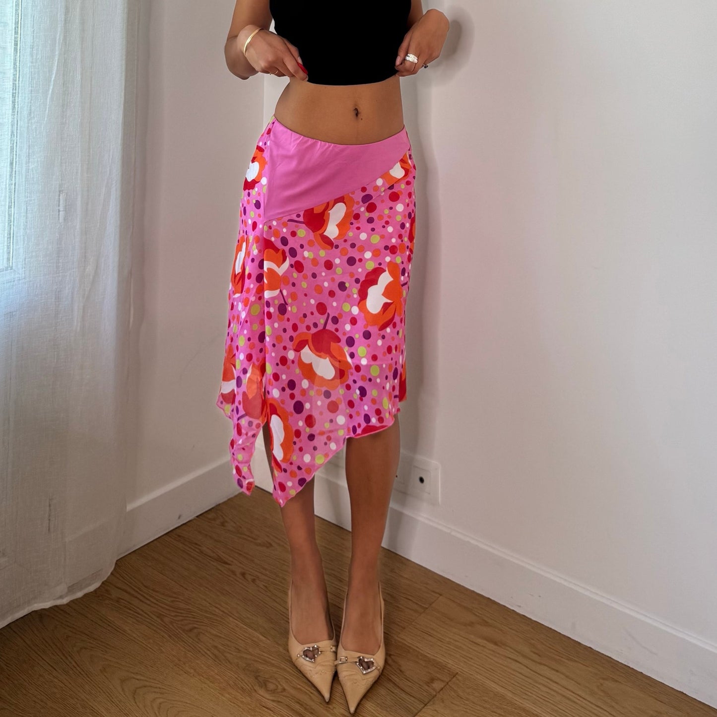 Vintage Pink Abstract Mesh Asymmetrical Midi Skirt Italian Y2K (S)