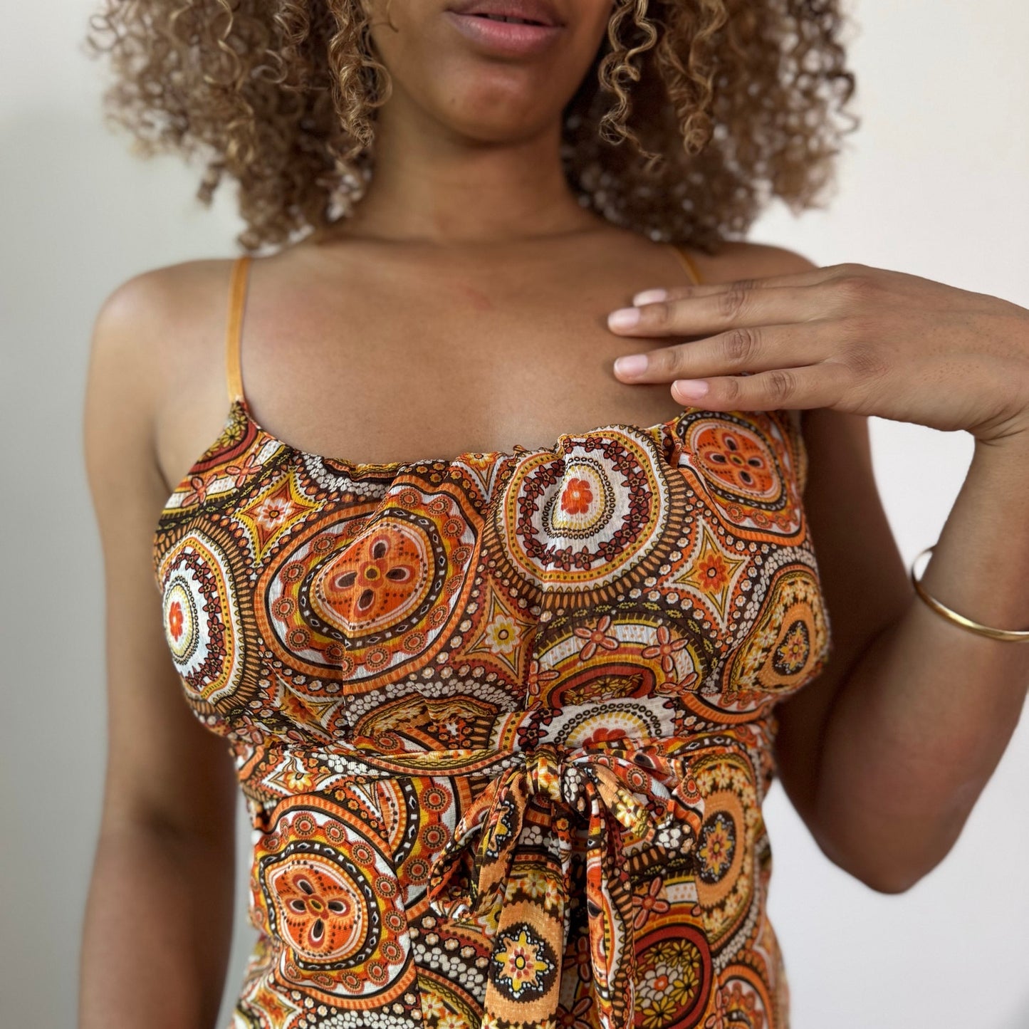 Vintage Orange Brown Paisley Mesh Cami Top Tie Front Italian Y2K (S)