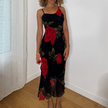 Italian vintage black & red rose print mesh midi slip dress with spaghetti straps