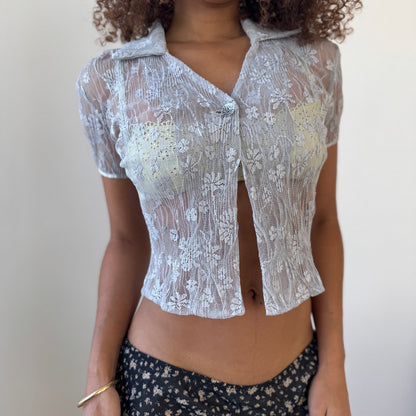 Vintage Italian sheer lace short-sleeve cardigan top (Small)