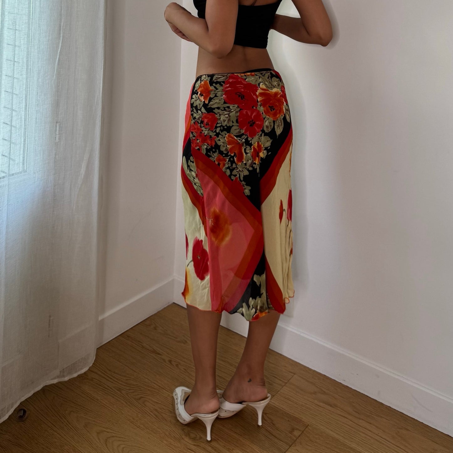 Vintage Red Orange Cream Floral Mesh Midi Skirt Italian Y2K (XS/S)