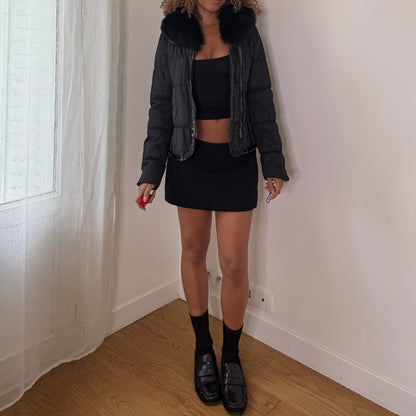 Italian vintage black quilted puffer jacket with oversized faux fur collar & fitted waist