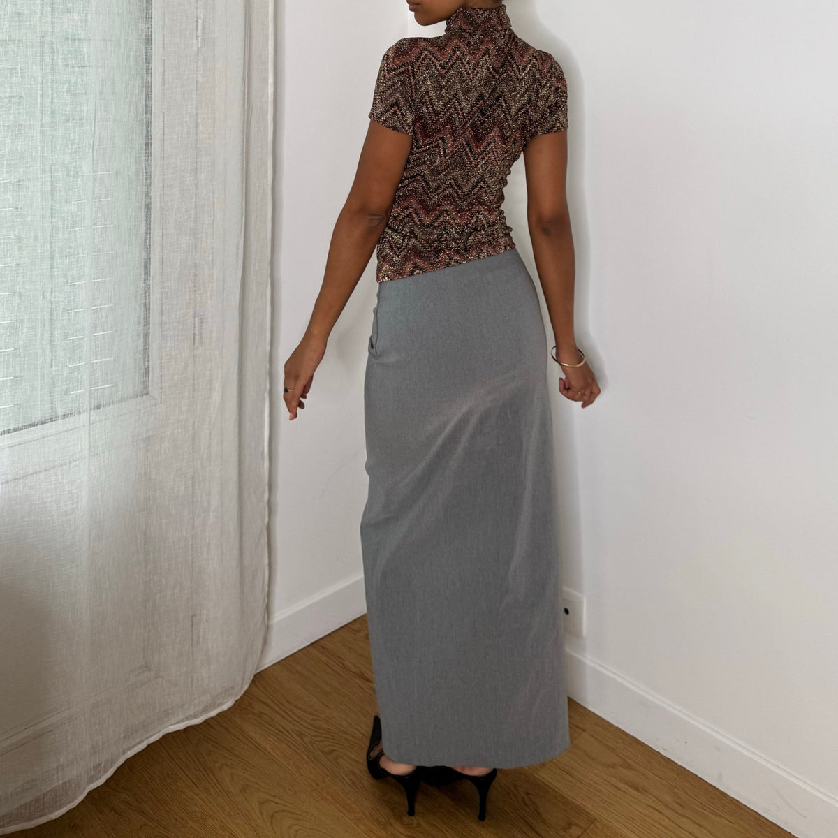 Italian Vintage Grey Low Rise Maxi Skirt with Front Slitsk