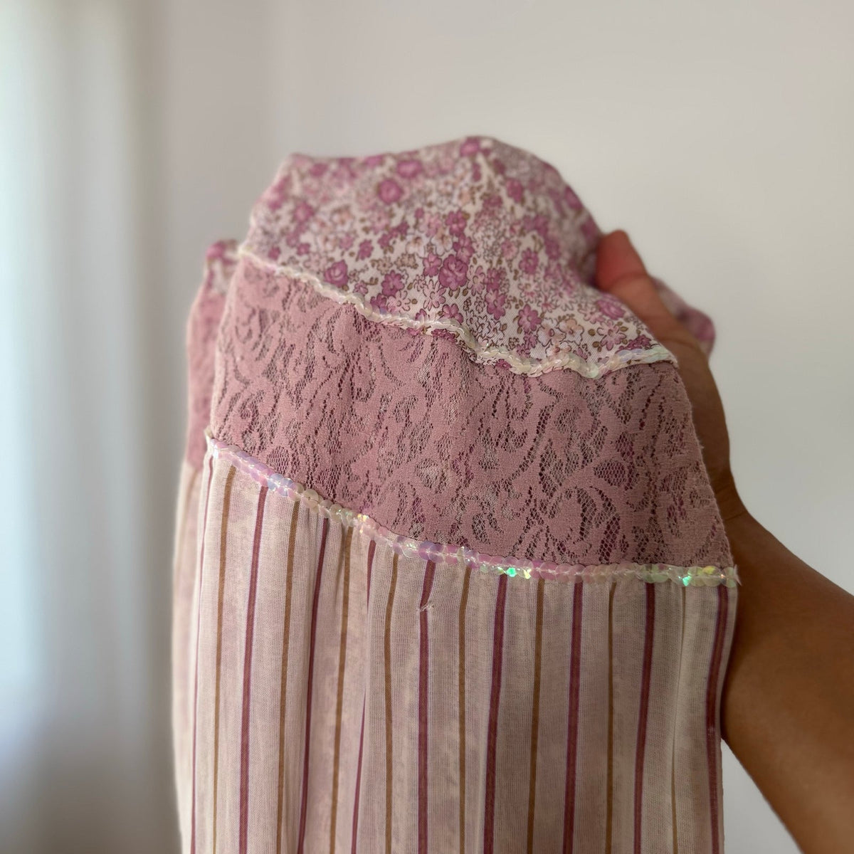 Italian vintage blush pink floral lace maxi skirt with iridescent sequins & long fringe