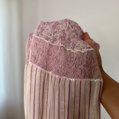 Italian vintage blush pink floral lace maxi skirt with iridescent sequins & long fringe