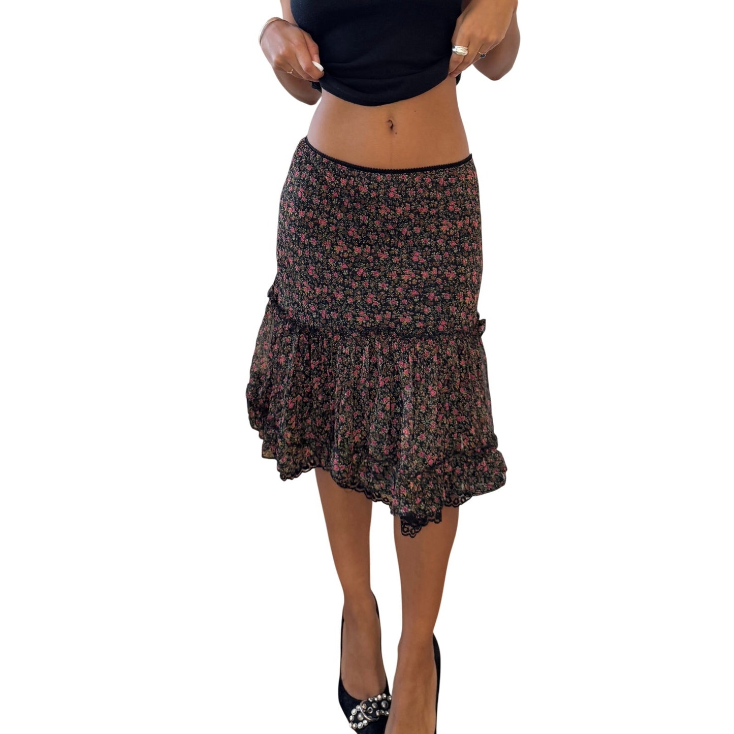 Vintage Italian silk floral ruffle skirt (Small)