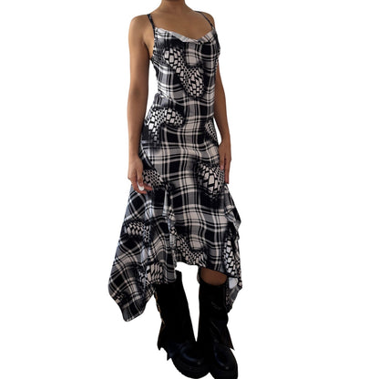 Vintage French Check Midi Dress Asymmetrical Hem (S)