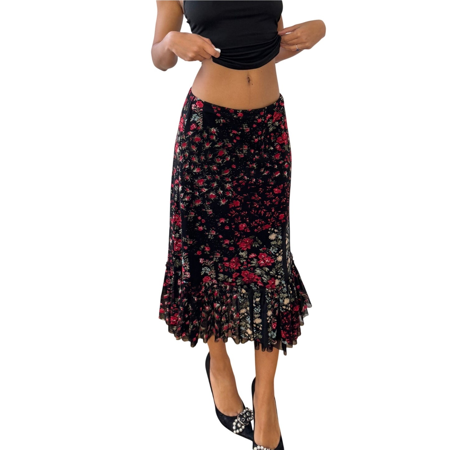 Vintage Italian Black Red Floral Mesh Midi Skirt Tiered Ruffle Hem (S)