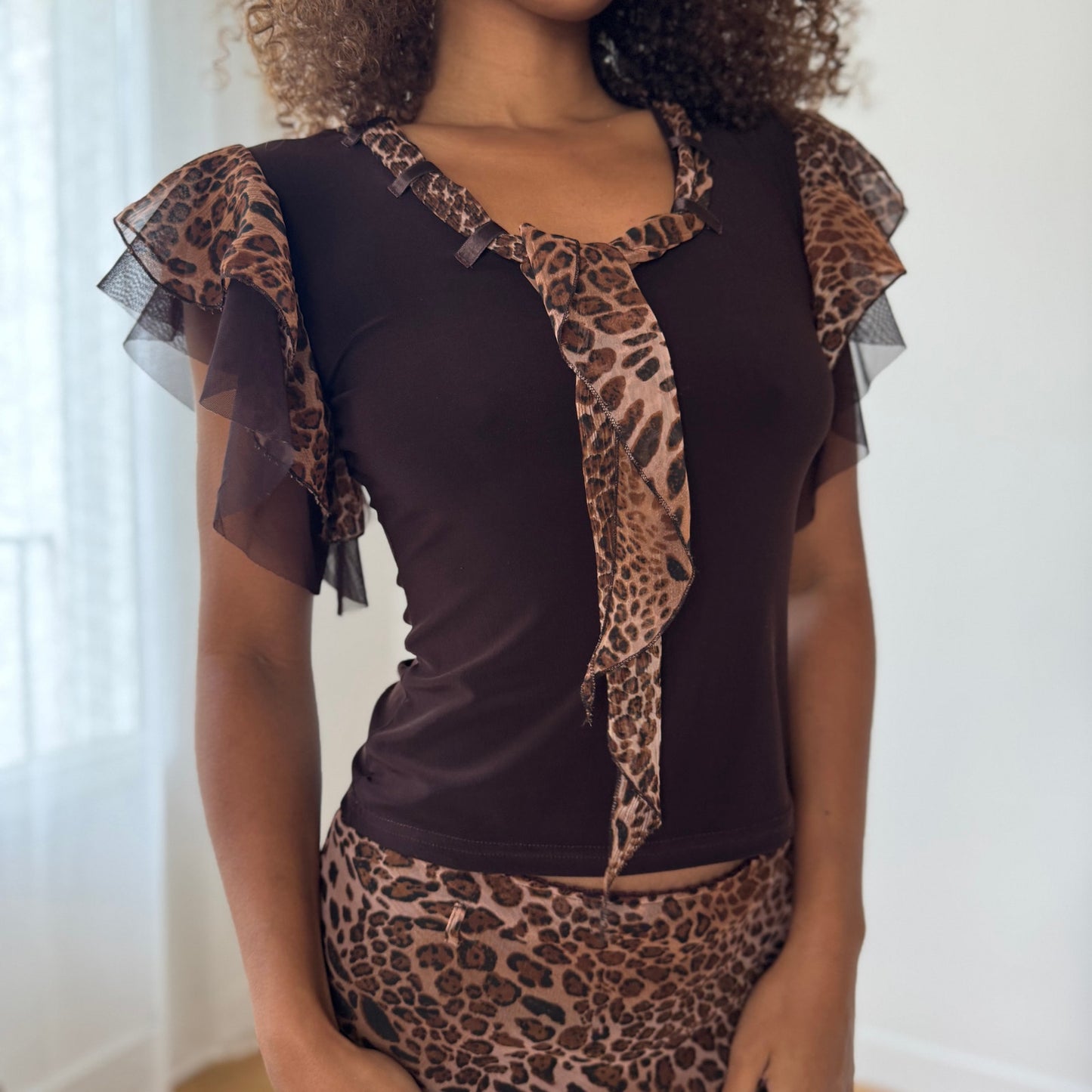 Vintage Leopard Mesh Two-Piece Set – Ruffle Skirt & Flutter-Sleeve Top (S/M)